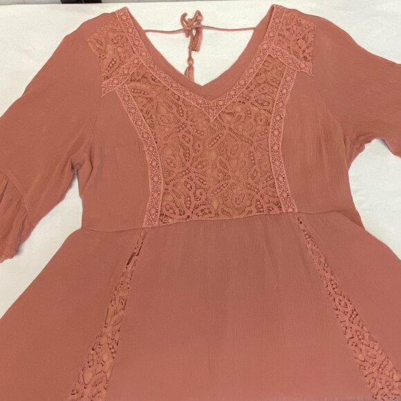 Maurices Ruffled 3/4 Sleeve V Neck Crochet Bodice Open Back Tie Crinkle Dress L - Picture 9 of 14